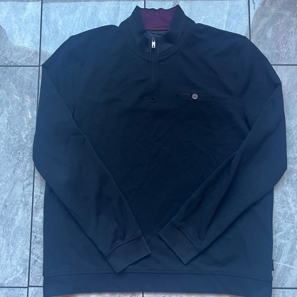 Ted Baker Mens Black 80%Polyester Long Sleeve QuarterZip Sweater W/Pocket Sz 7